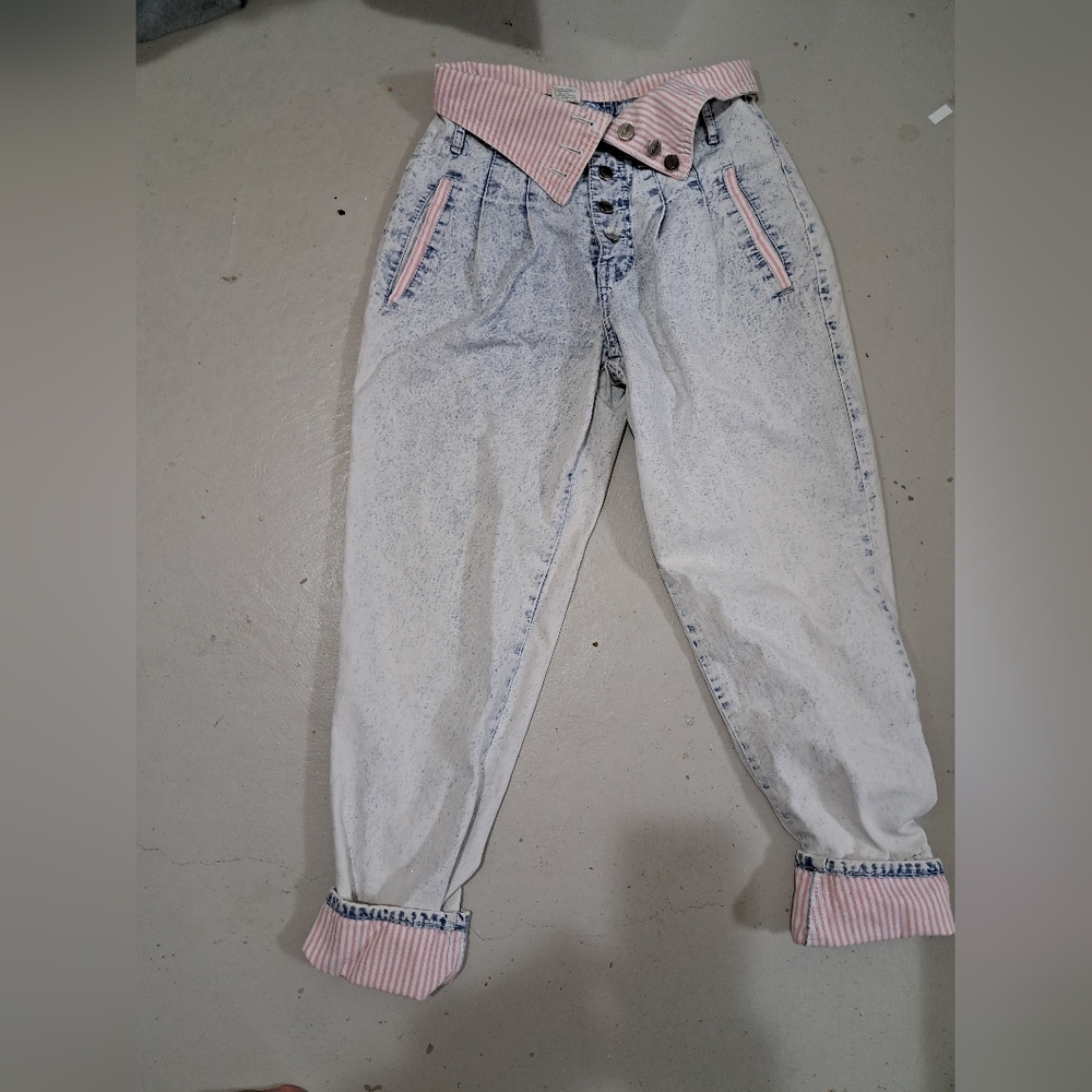 RARE VINTAGE 80S TRAFFIC Acid Wash ButtonFly Jeans w/ fabric rollover Waist 7/8.